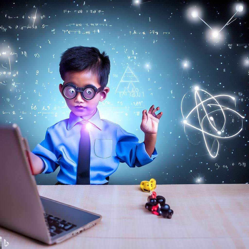 Cute little child learning quantum computing